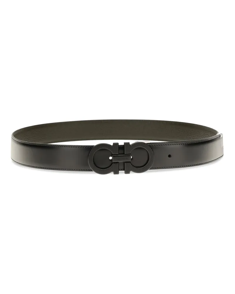 Ferragamo Men's Reversible Adjustable Belt With Textured Gancini Buckle Black Bicoloured Green Calf Leather Bos Taurus E Braces Black