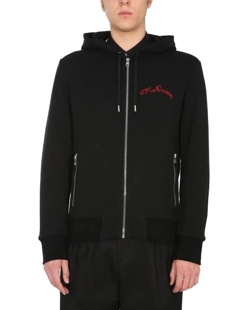 Alexander McQueen Zip Hooded Cotton Sweatshirt — Black Black