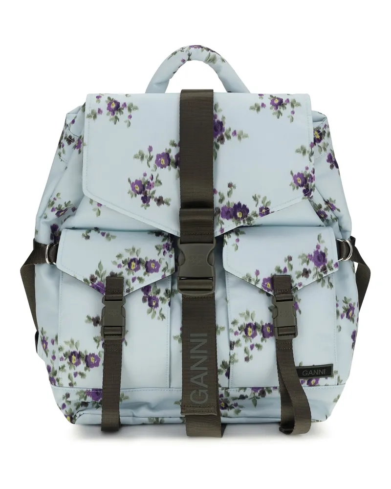 Ganni Women's Re-Tech Nylon Backpack With Floral Pattern Iced Aqua Polyester Backpacks Blue