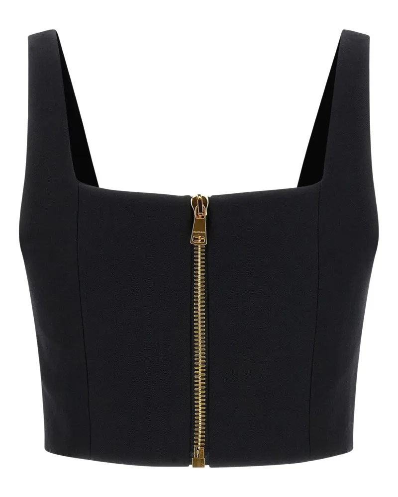 Balmain Lion-Button Wool Crop Top — Black Black