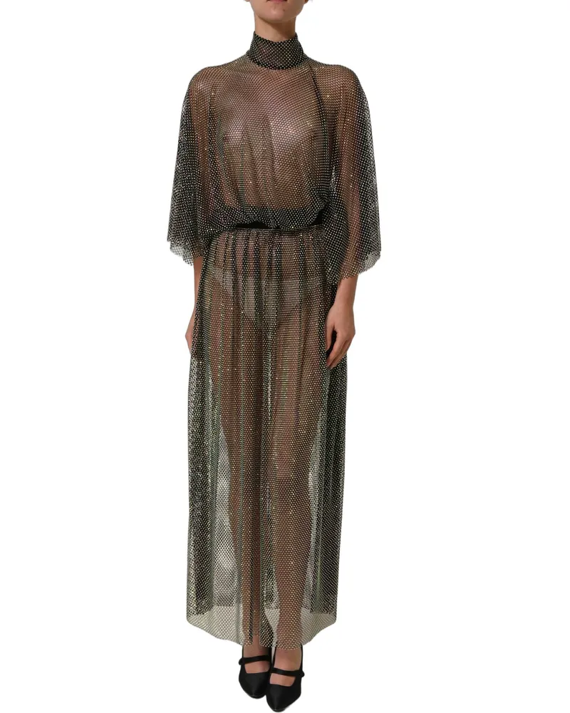 Dolce & Gabbana Women Black Rhinestone Mesh Turtleneck Maxi Dress Polyester Black