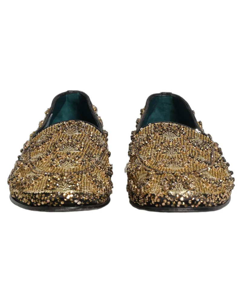 Dolce & Gabbana Men's Gold Sequin Embellished Dress Loafers Shoes Leather Gold
