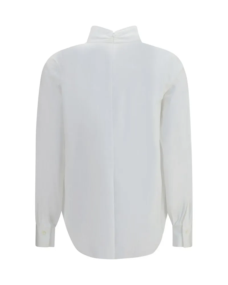 Brunello Cucinelli Pleated High-Neck Cotton Blouse — White White