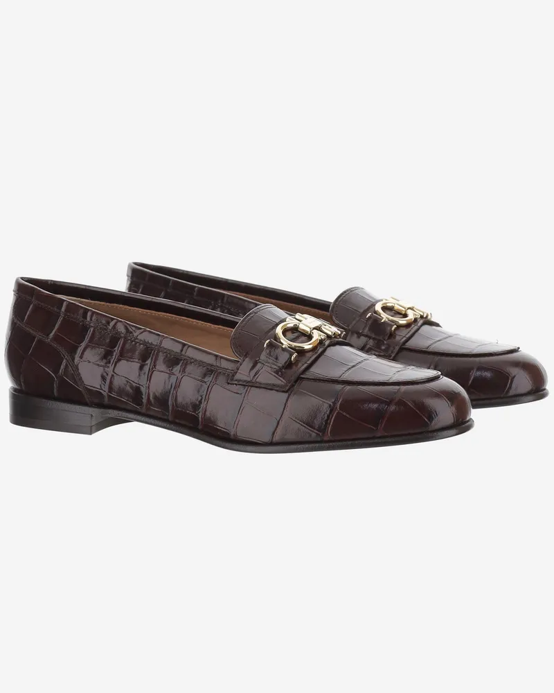 Ferragamo Crocodile-Embossed Leather Loafers — Brown Brown
