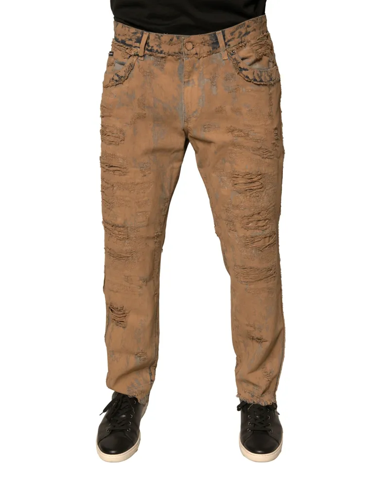 Dolce & Gabbana Men's Brown Tattered Cotton Skinny Denim Jeans Clothing Brown