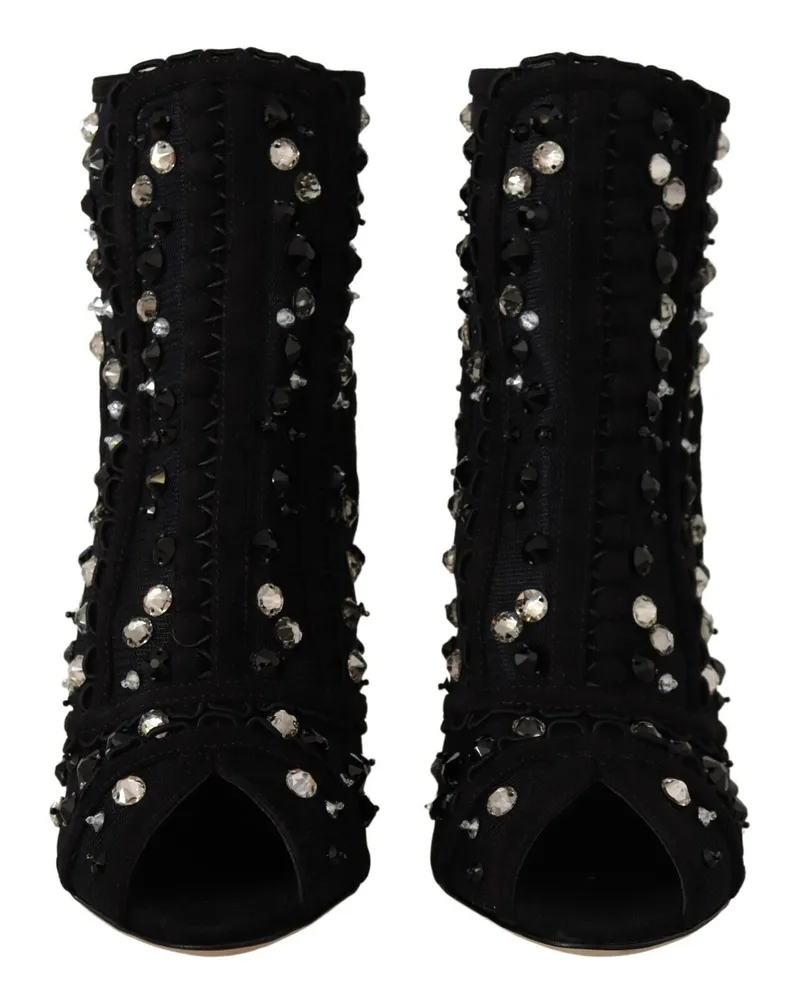Dolce & Gabbana Women's Black Crystals Heels Zipper Short Boots Shoes Nylon Black