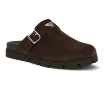 Suede Buckle-Strap Mule — Brown
