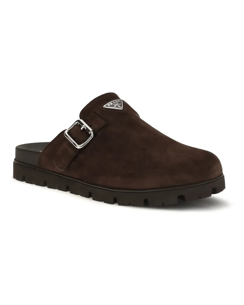 Prada Men's Suede Mules Moro Calf Leather Bos Taurus Sandal Brown