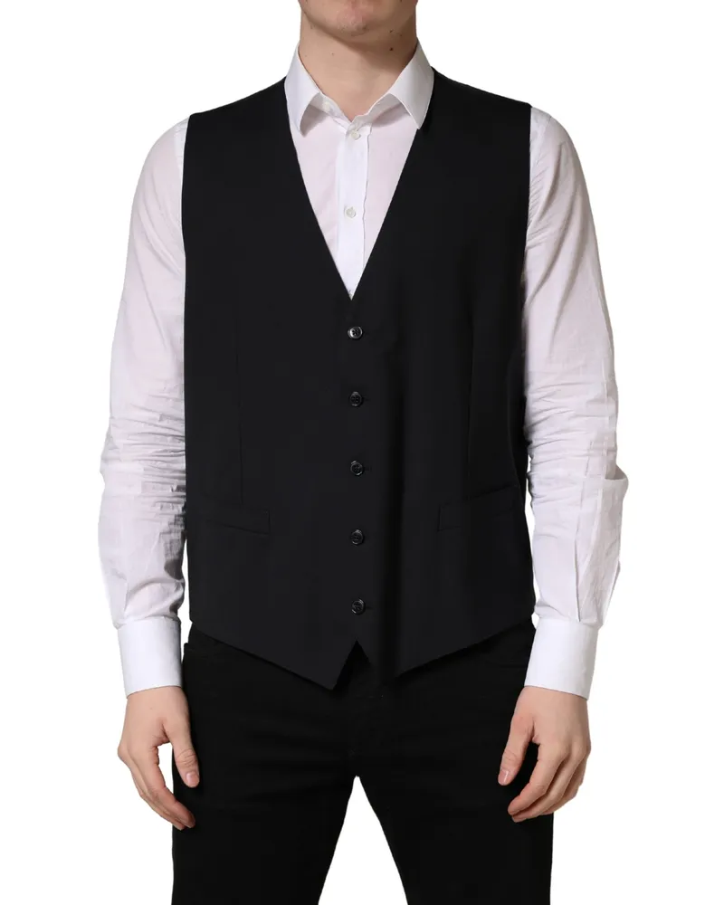 Dolce & Gabbana Men's Black Wool Single Breasted Waistcoat Vest Virgin Elastane Clothing Black