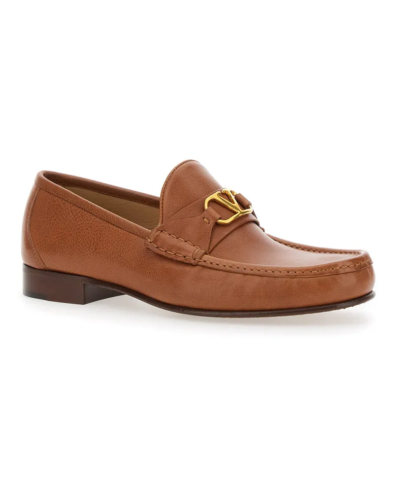 Valentino Garavani Men's Brown Leather Loafers With Vlogo Detail Buffalo Brown