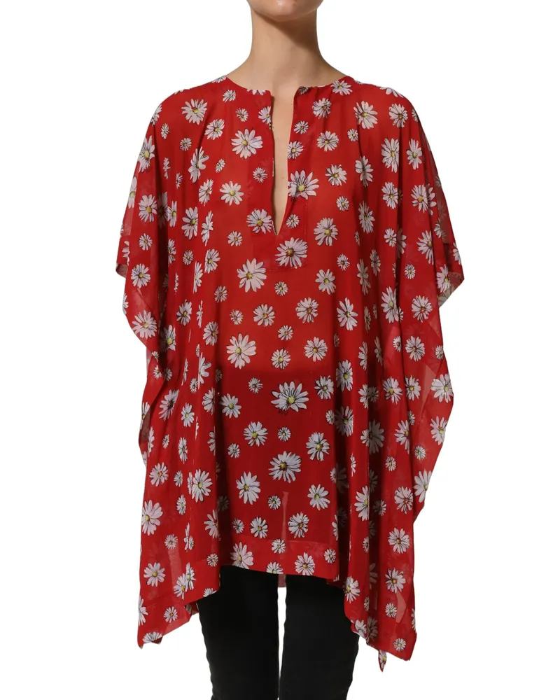 Dolce & Gabbana Women Red Floral V-Neck Polyester Kaftan Blouse Top Red
