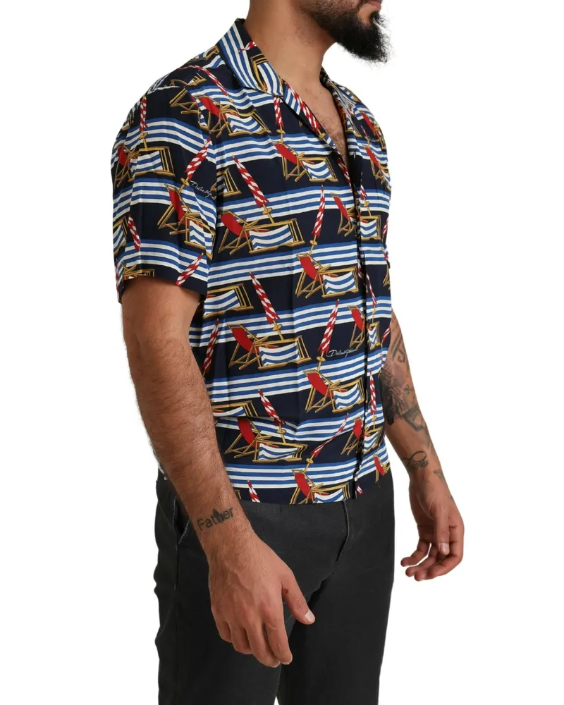 Dolce & Gabbana Men's Multicolor Beach Chair Short Sleeves Shirt Silk Multicolor