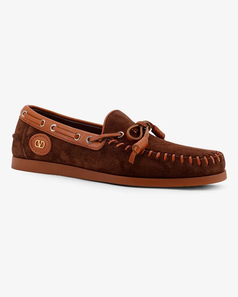 Valentino Garavani Men's Palm Avenue Leather And Suede Boat Shoe Brown Pelle Loafers Brown