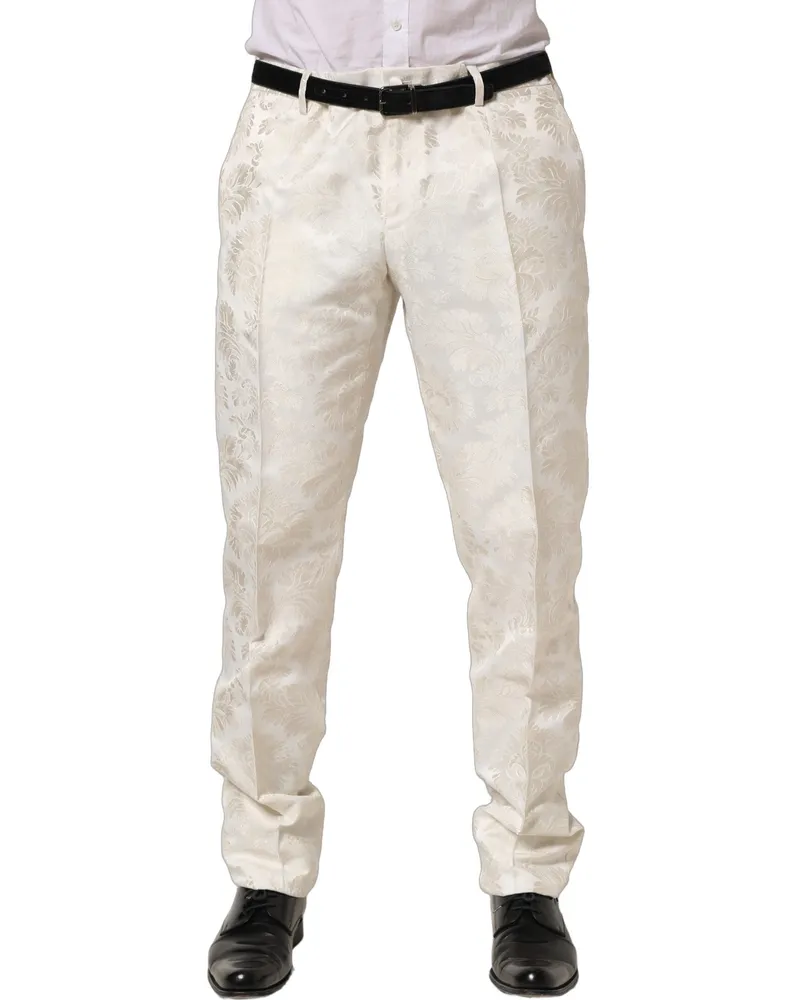 Dolce & Gabbana White Floral Men Dress Formal Trouser Pants Polyester Acetate Nylon White