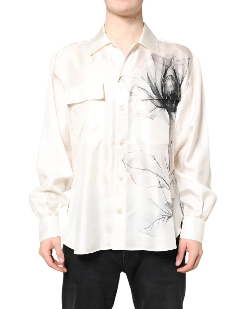 Dolce & Gabbana Ivory Silk Long Sleeves Men Casual Shirt Off White White