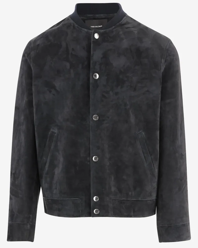 Yves Salomon Men's Navy Suede Jacket With Button Closure Navy
