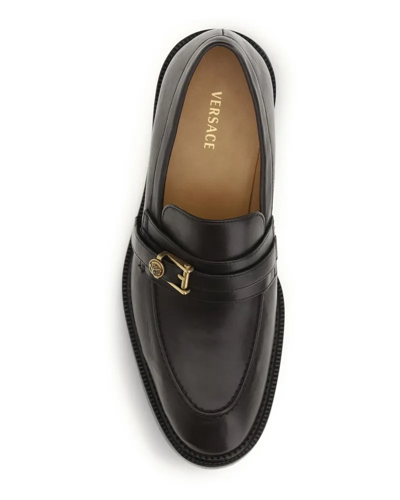 Versace Men's Loafers With Medusa Detail, Ebony-Gold Calf Leather Ebony/gold Black