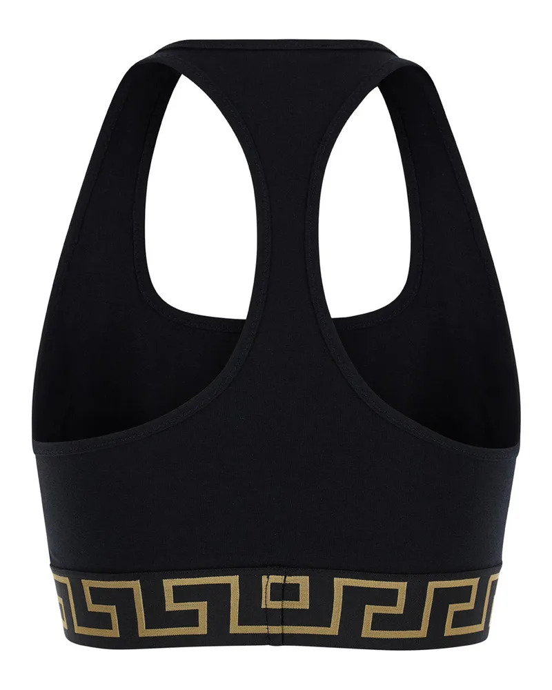 Versace Women's Sports Bra With Greca And Medusa Detail, Black Cotton Tops Top Black