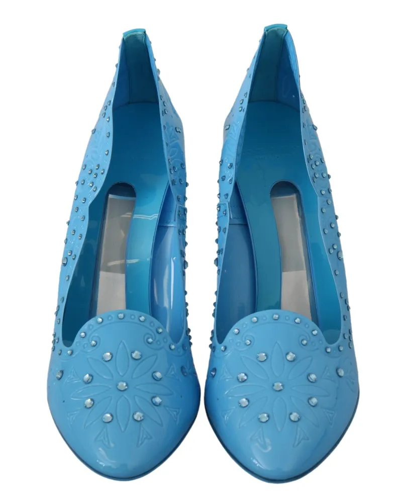 Dolce & Gabbana Women's Blue Crystal Floral Cinderella Heels Shoes Pvc Blue