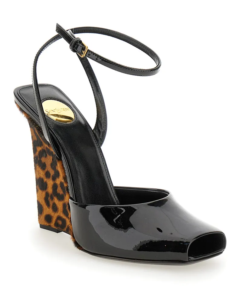 Saint Laurent Women's Scandale Black Wedges With Animalier Print Leather Shoe Black