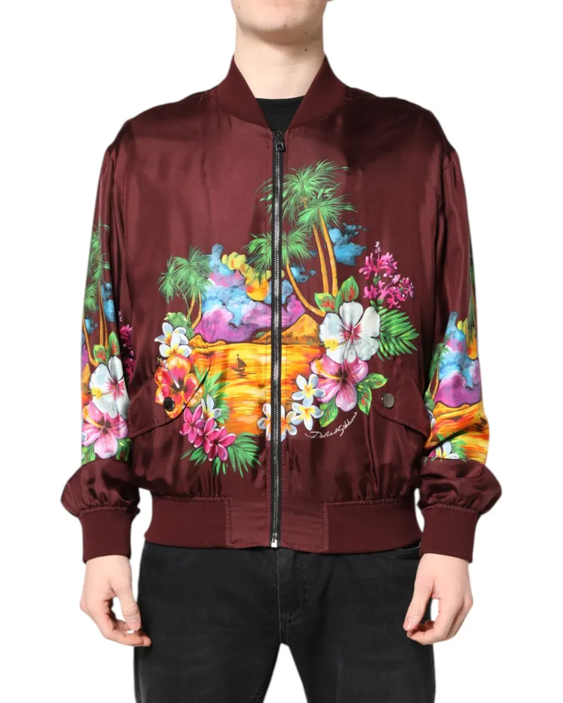 Dolce & Gabbana Men's Maroon Floral Print Full Zip Bomber Jacket Silk Clothing Maroon