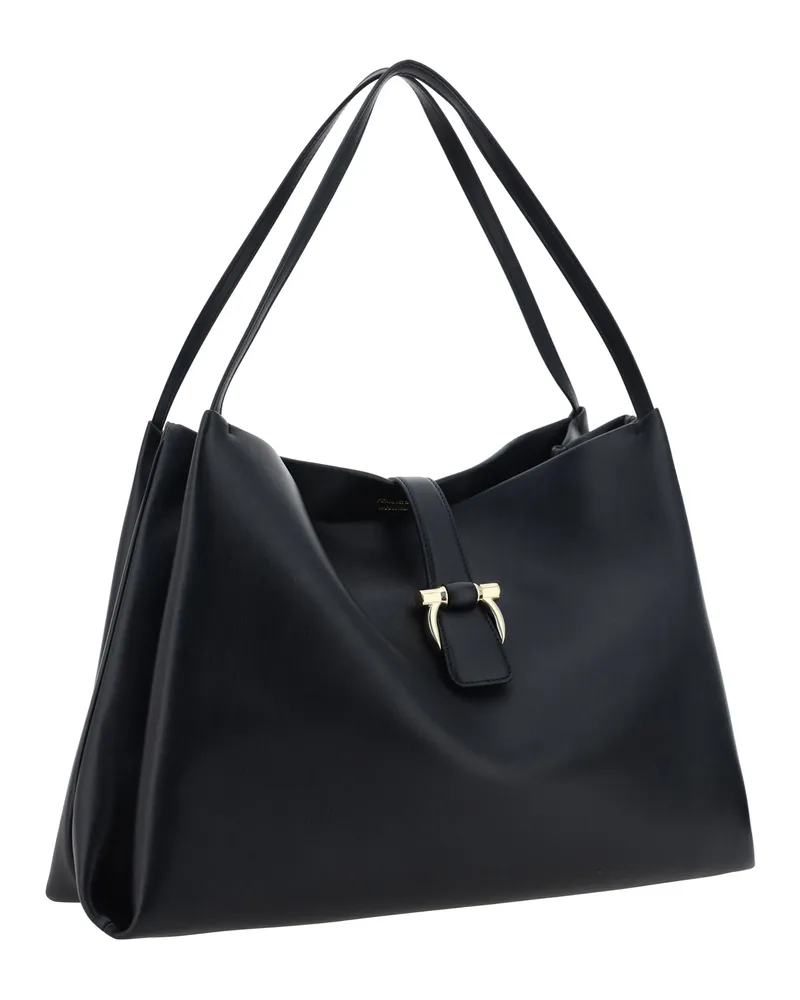 Ferragamo Women's Mia Tote Bag Vit. Limoges Nero Calf Leather Bos Taurus Handbags Hand Black