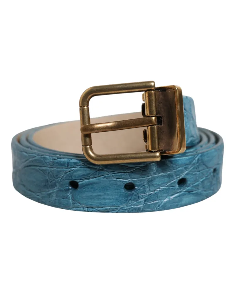 Dolce & Gabbana Men's Blue Leather Classic Gold Metal Buckle Belt Caimano Blue