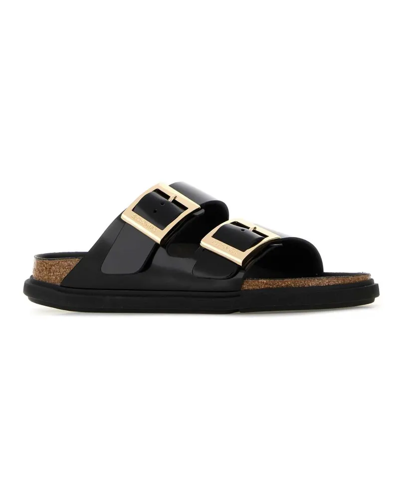 Birkenstock Women's Black Leather Arizona Slippers Db Hex Shine Black, Natural Flat Shoes Black
