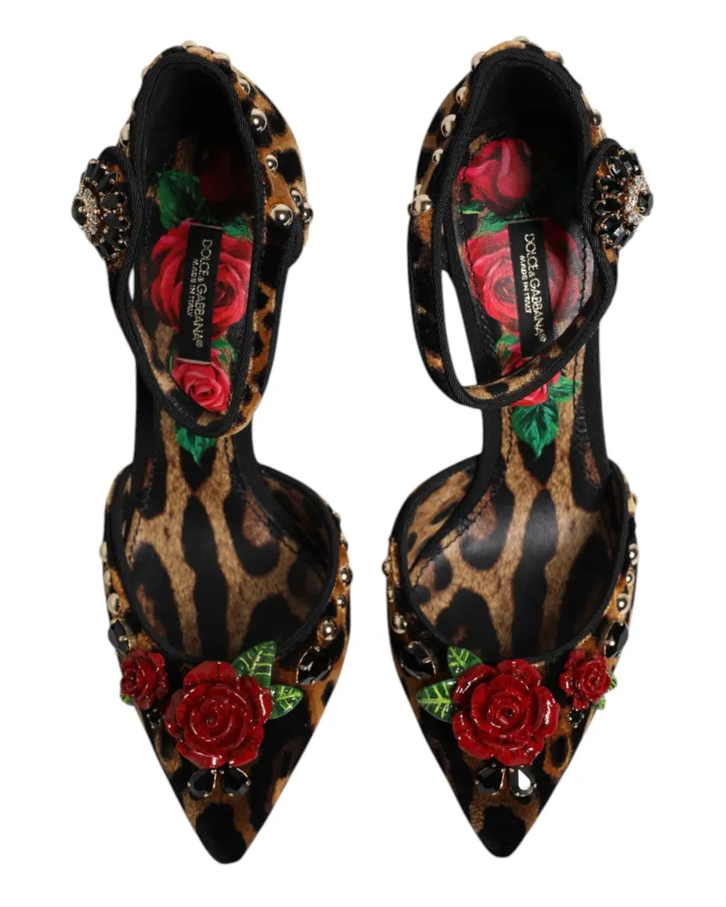 Dolce & Gabbana Women's Brown Leopard Crystal Roses Pumps Shoes Cotton Viscose Multicolor