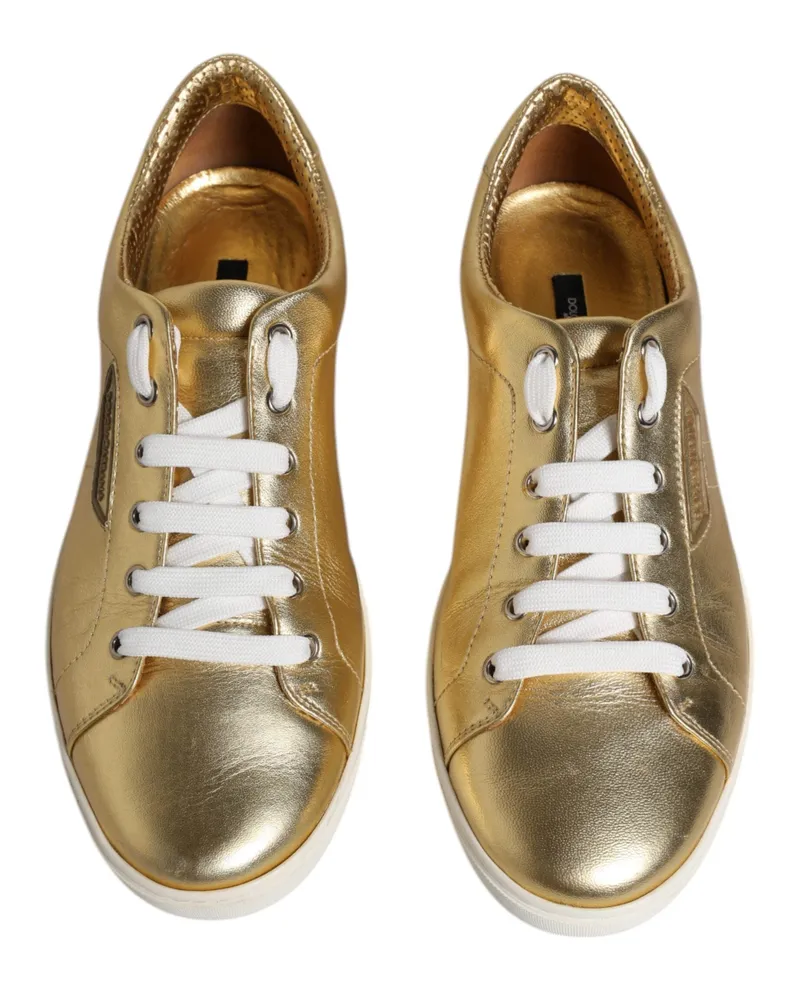 Dolce & Gabbana Gold Leather Logo London Men Sneakers Shoes Gold