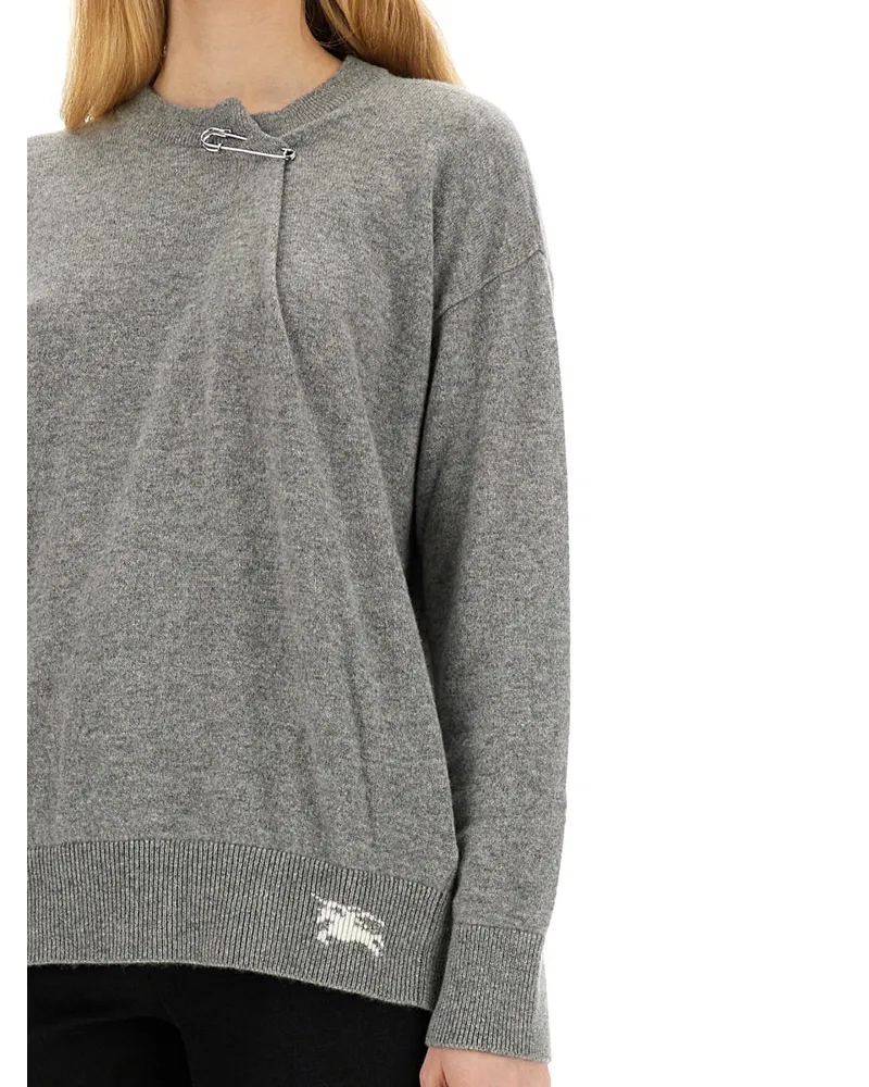 Burberry Cashmere with Kilt Pin Detail Sweater — Gray Gray