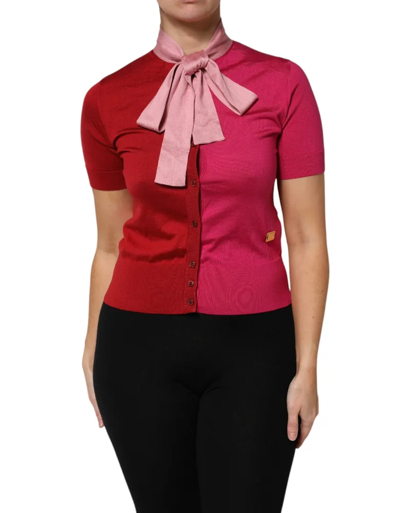 Dolce & Gabbana Women's Pink Short Sleeves Buttoned Ascot Collar Top Silk Pink