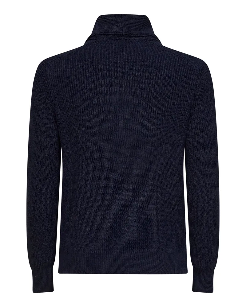 Brunello Cucinelli Men's Cardigan Shawl-Collar Navy Blue Cotton Cardigans Sweater Navy