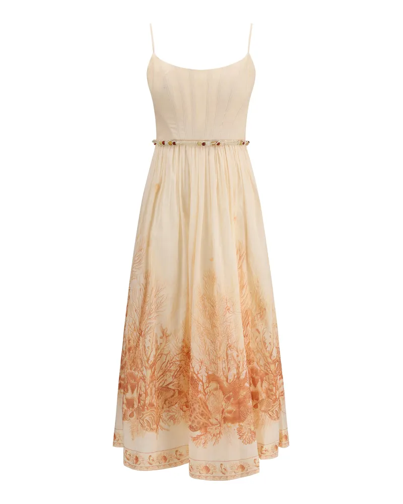 Zimmermann Women's Corset Midi Dress Wanderlust Coral Toile Cotton Beige