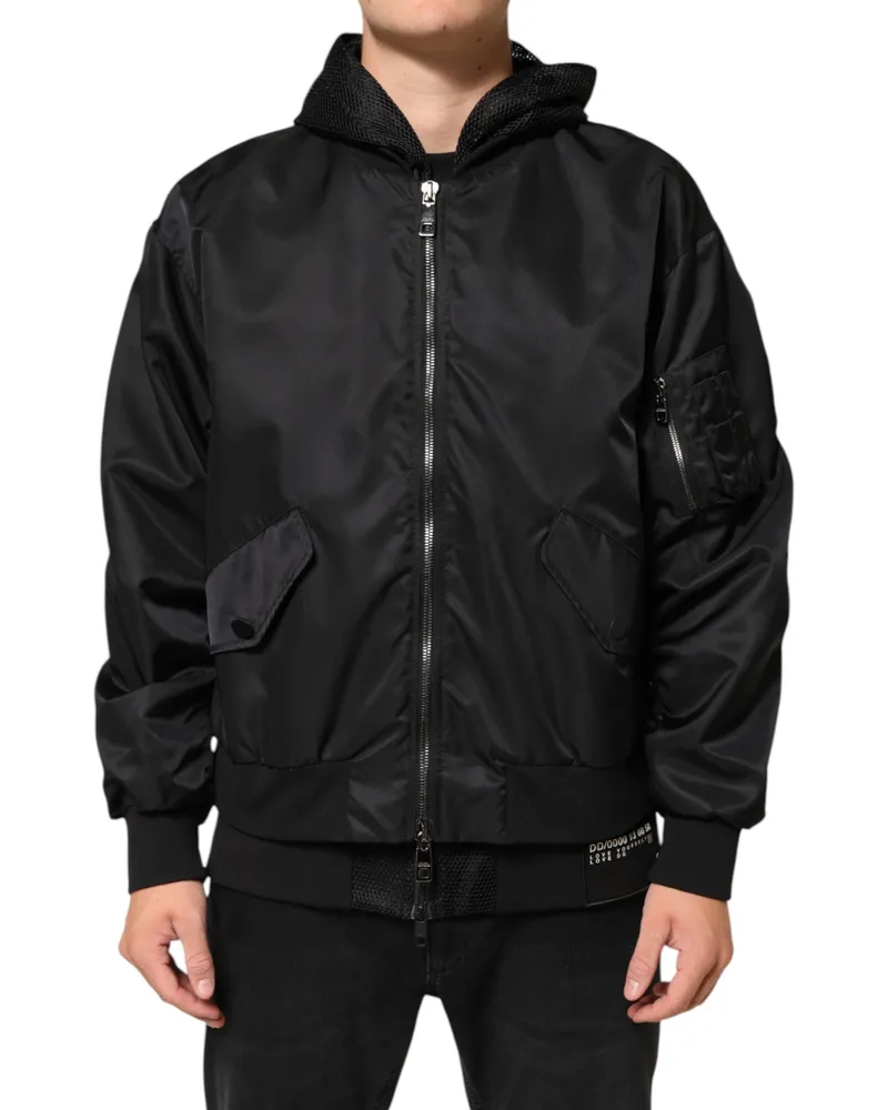 Dolce & Gabbana Black Nylon Hooded Full Zip Bomber Men Jacket Clothing Black