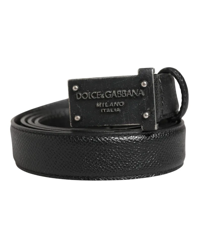Dolce & Gabbana Men Black Calf Leather Logo Metal Buckle Belt Caiman Black