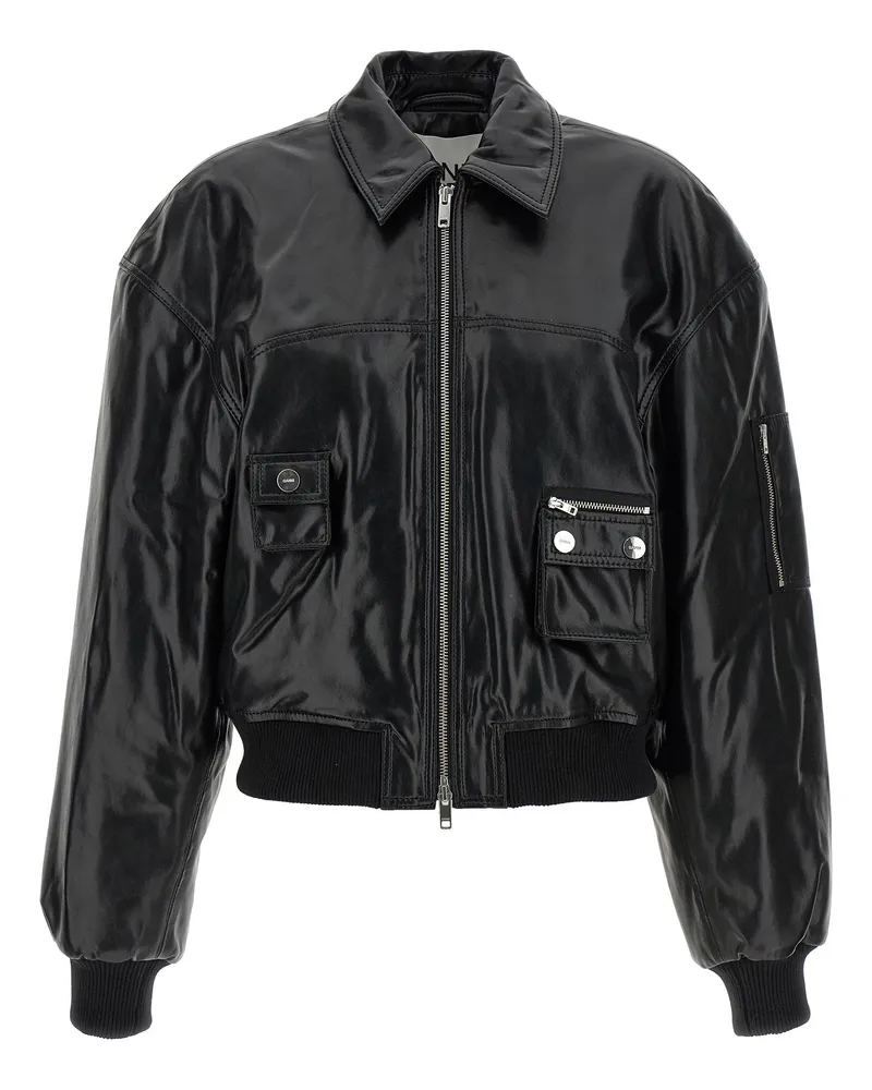 Ganni Leather-Effect Bomber Jacket — black Black