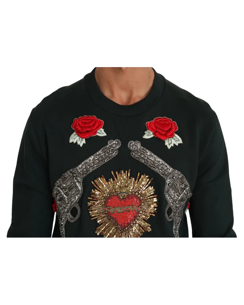 Dolce & Gabbana Men's Green Crystal Heart Roses Gun Sweater Cotton Clothing Black