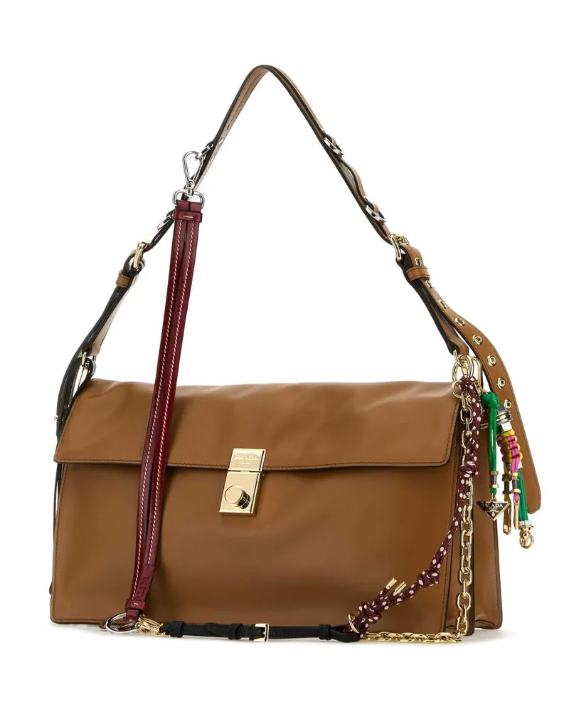 Prada Women's Camel Leather Large  Soft Sound Shoulder Bag Caramel0n Vitello Borse A Mano Brown