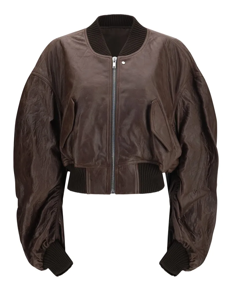 Rick Owens Women's Bomber Jacket Cropped Leather Brown Calf Puffer Brown