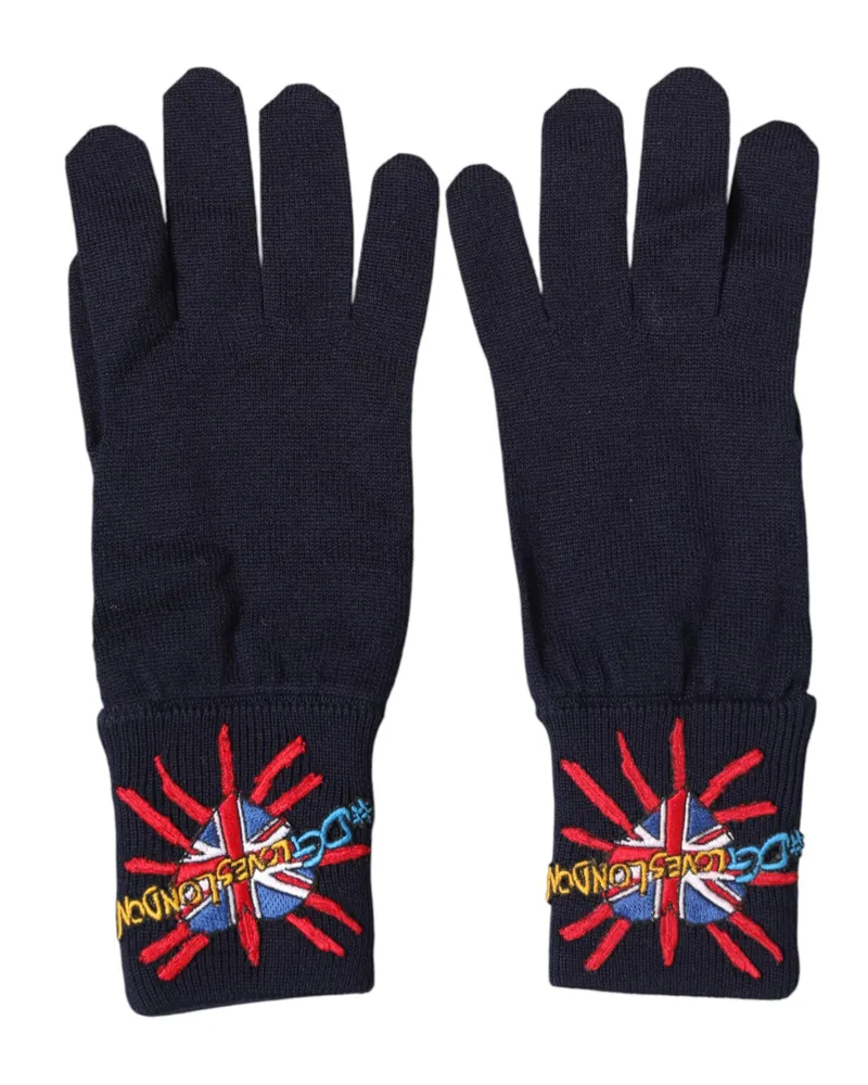 Dolce & Gabbana Men's Blue Wool Knit #dgloveslondon Embroidered Mitten Gloves Virgin Navy