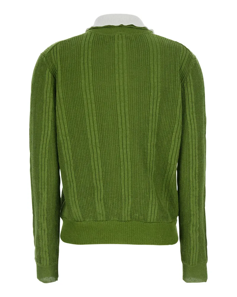 SHUSHU/TONG Linen Knit with Contrast Collar Pullover — Green Green