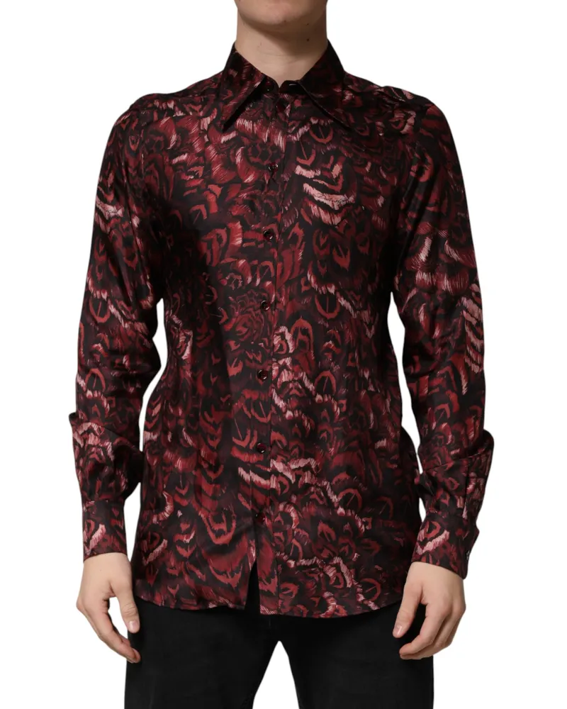 Dolce & Gabbana Bordeaux Patterned Collared Men Dress Shirt Silk Burgundy