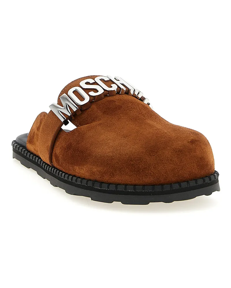 Moschino Suede with Metal Logo Strap Sabot — Cognac Cognac