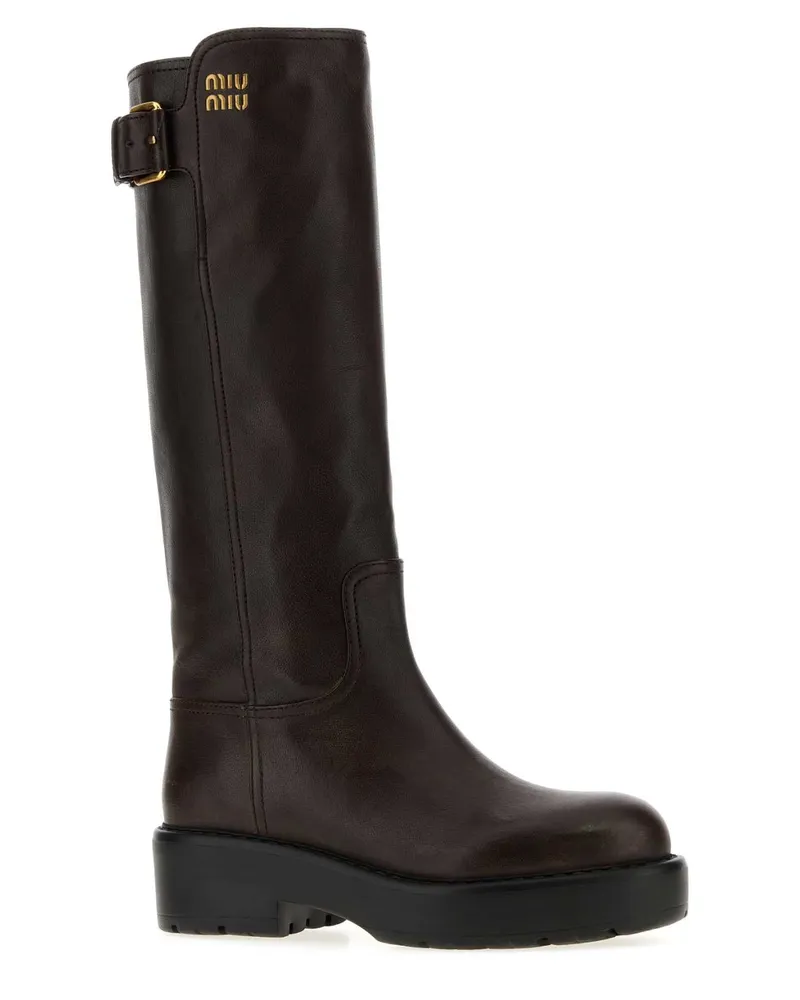 Miu Miu Buckle-Strap Buffalo Leather Boot — Black Black
