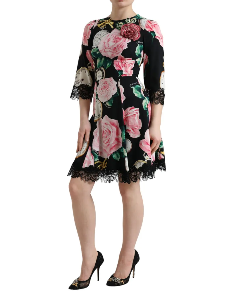 Dolce & Gabbana Women's Black Floral Embellished Lace A-Line Dress Silk Black