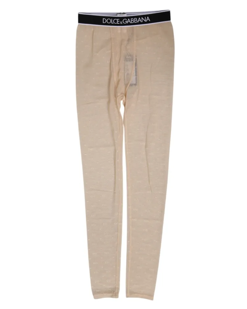 Dolce & Gabbana Women Beige Nylon Logo Lace Leggings Pants Underwear Elastane Beige