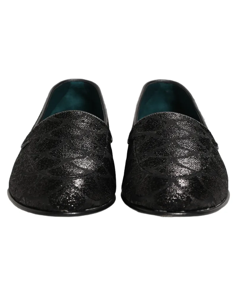 Dolce & Gabbana Black Glitter Brocade Men Dress Loafers Shoes Leather Black