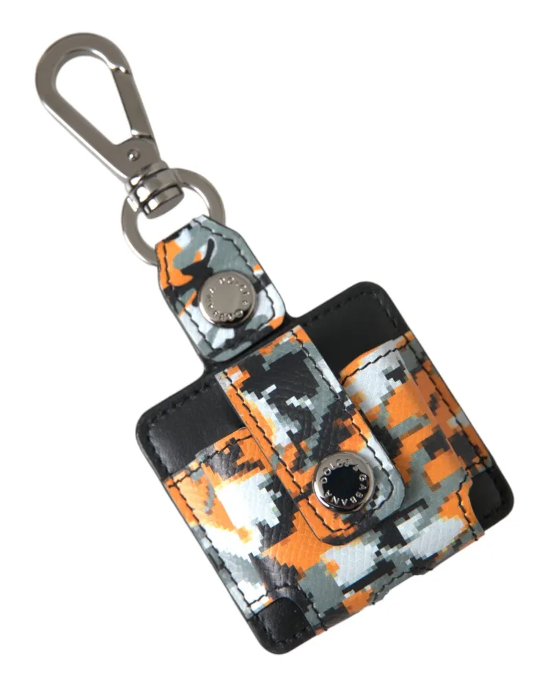 Dolce & Gabbana Women's Multicolor Camouflage Print Leather Logo Metal Airpods Case Accessory Orange