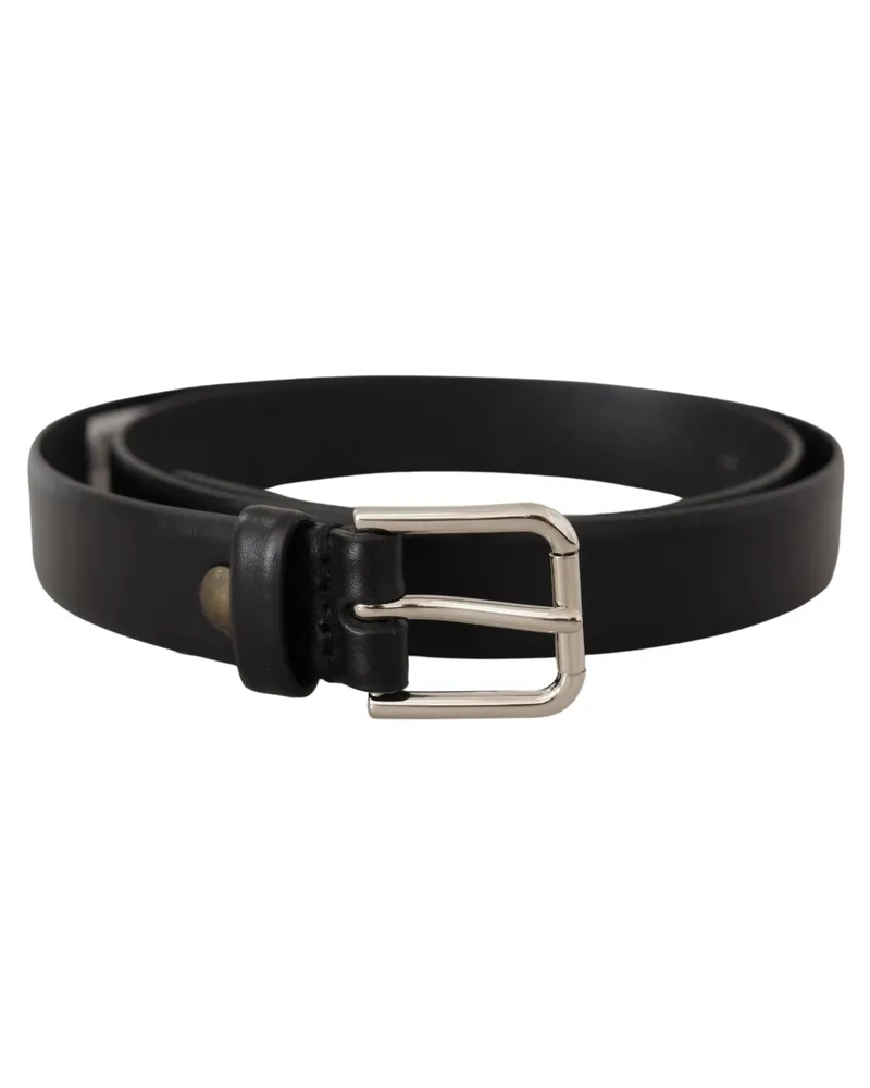 Dolce & Gabbana Men's Black Calf Leather Silver Tone Logo Buckle Belt Black